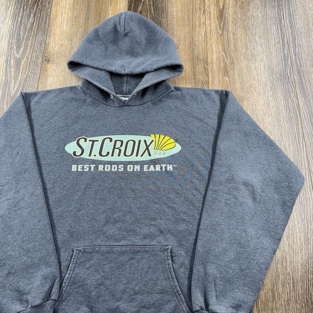 Vintage St Croix Fishing Rods Hoodie Mens M Gray Sweatshirt Boat Lake Up North